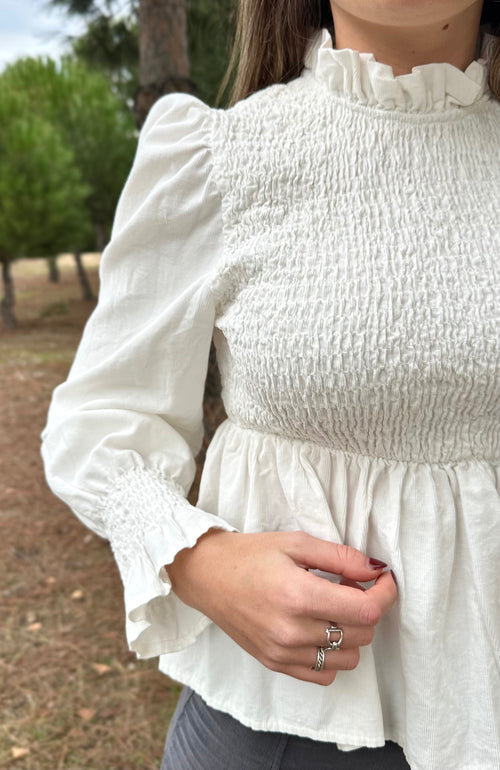 Detalle blusa Atenas blanca algodón manga larga mujer | CeCé The
Brand